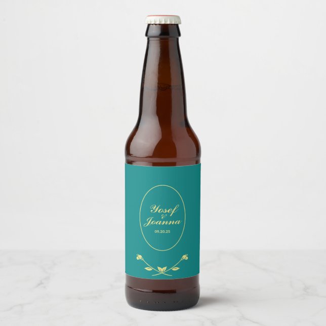 Étiquette Pour Bouteilles De Bière Mariage turquoise et Gold (Devant)