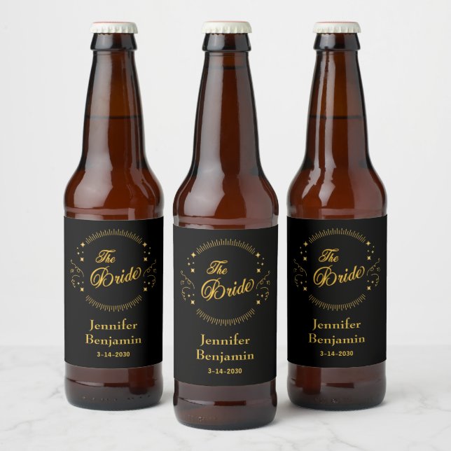 Étiquette Pour Bouteilles De Bière Mariée Or Noir Élégant Classique Mariage (Bouteilles)