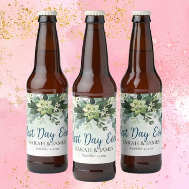 Étiquette Pour Bouteilles De Bière Meilleur Jour Jamais Succulent Mariage Floral Bota (Elevate your wedding with our Soft Green Succulent beer bottle label, featuring beautiful botanical )