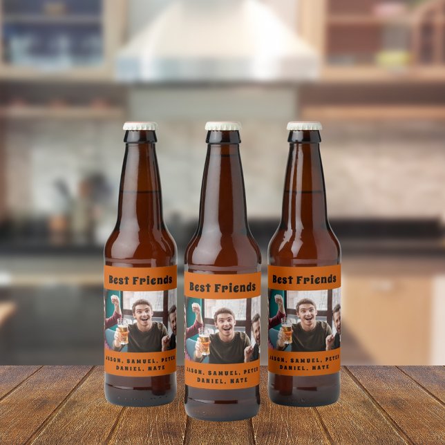 Étiquette Pour Bouteilles De Bière Meilleurs amis hommes gars fête photo amusant oran (Créateur téléchargé)
