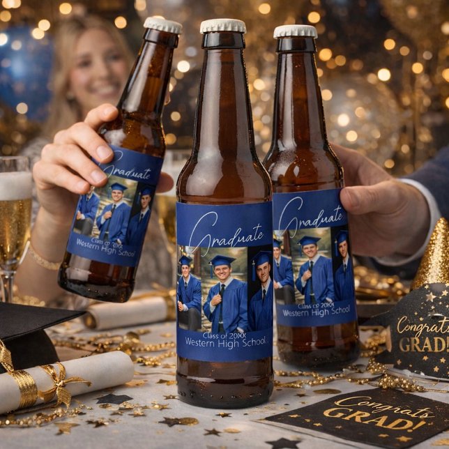 Étiquette Pour Bouteilles De Bière Modern Graduation Party Photo Display (Créateur téléchargé)