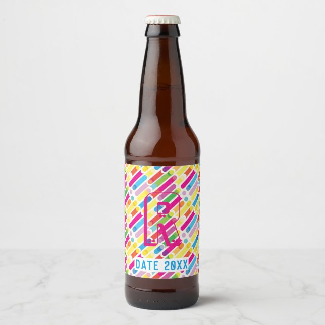 Étiquette Pour Bouteilles De Bière Monogramme Arc-en-ciel lignes diagonales Motif Pop (Devant)