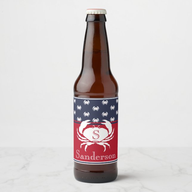 Étiquette Pour Bouteilles De Bière Monogramme Rouge Blanc Marine Bleu Crabe Nautique (Devant)