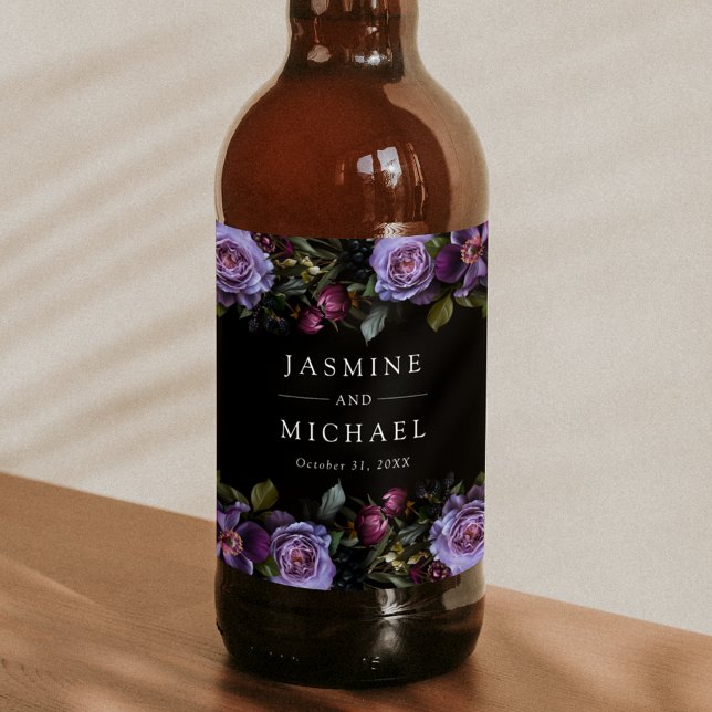Étiquette Pour Bouteilles De Bière Moody Gothic Purple Floral Mariage (Créateur téléchargé)