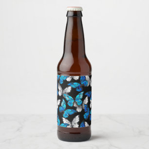 Étiquette Pour Bouteilles De Bière Motif sans couleur foncée avec papillons bleus Mor