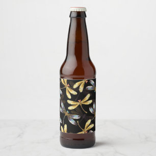 Étiquette Pour Bouteilles De Bière Motif sans couture avec libellules d'or