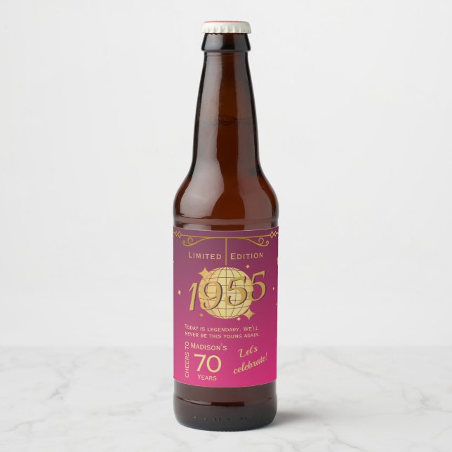 Étiquette Pour Bouteilles De Bière Né en 1955 70e anniversaire fête Étiquette de bièr (Devant)