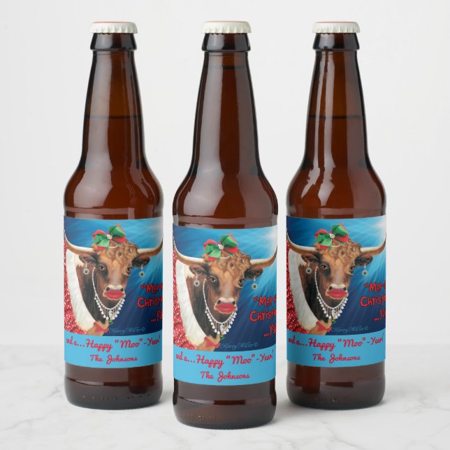 Étiquette Pour Bouteilles De Bière Noël "MOO", Longhorn Cow (Bouteilles)