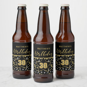 Étiquette Pour Bouteilles De Bière Nom 30e anniversaire Confetti Thème en Or sur Noir