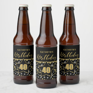 Étiquette Pour Bouteilles De Bière Nom 40e anniversaire Confetti Thème en Or sur Noir