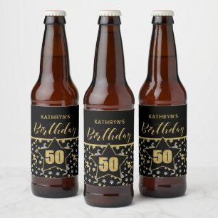 Étiquette Pour Bouteilles De Bière Nom 50e anniversaire Confetti Thème en Or sur Noir