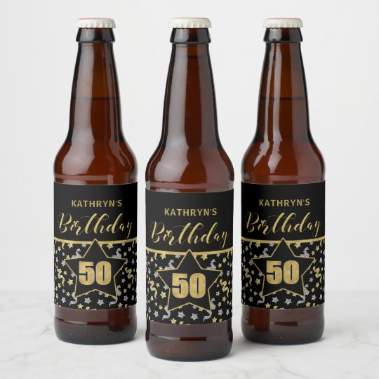 Etiquette Pour Bouteilles De Biere Nom 50e Anniversaire Confetti Theme En Or Sur Noir Zazzle Fr