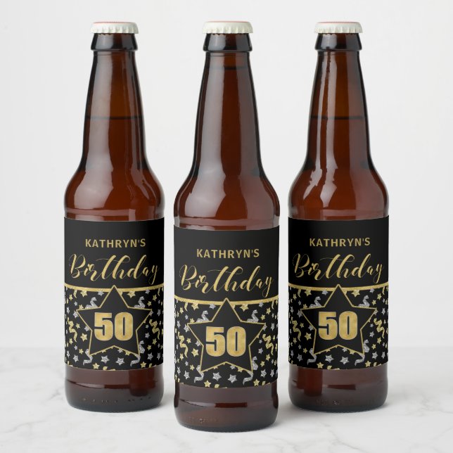 Étiquette Pour Bouteilles De Bière Nom 50e anniversaire Confetti Thème en Or sur Noir (Bouteilles)