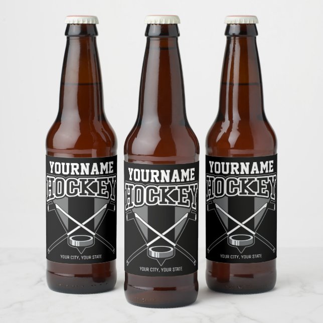 Étiquette Pour Bouteilles De Bière NOM Personnalisé Joueur de hockey Stick Puck Team (Bouteilles)