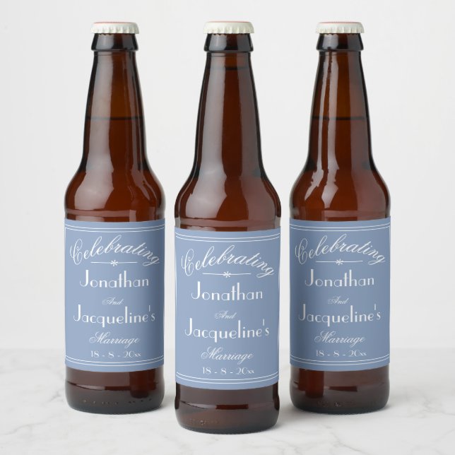 Étiquette Pour Bouteilles De Bière Noms de Mariages personnalisés Chic Dusty Blue (Bouteilles)