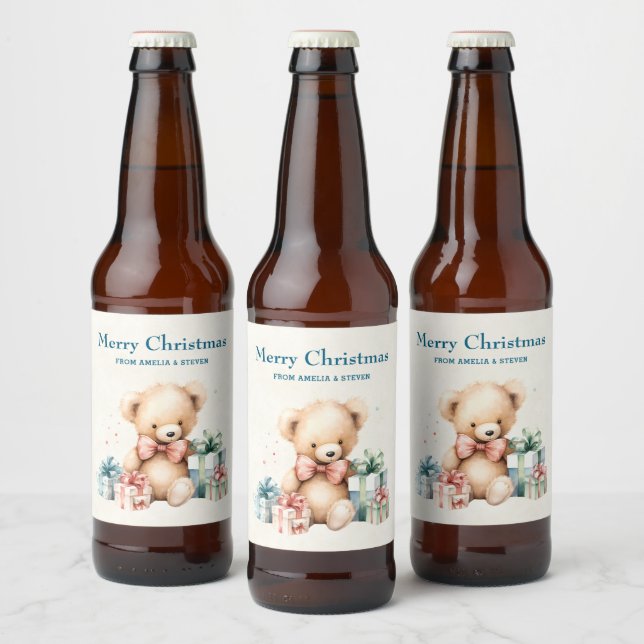 Étiquette Pour Bouteilles De Bière Ours en peluche mignonne avec cadeaux Joyeux Noël (Bouteilles)