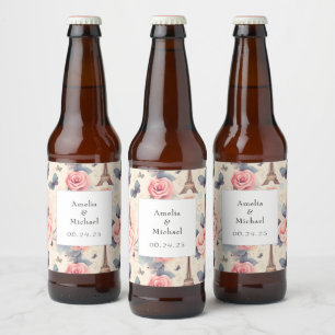 Étiquette Pour Bouteilles De Bière Papillon Tour Eiffel et Mariage Motif Rose