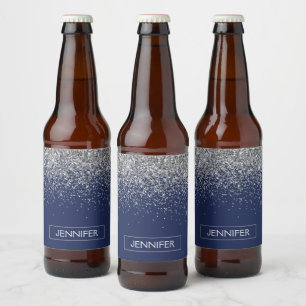 Étiquette Pour Bouteilles De Bière Parties scintillant bleue Silver Navy Girl Monogra