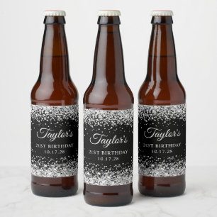 Étiquette Pour Bouteilles De Bière Parties scintillant d'argent Noir 21e anniversaire