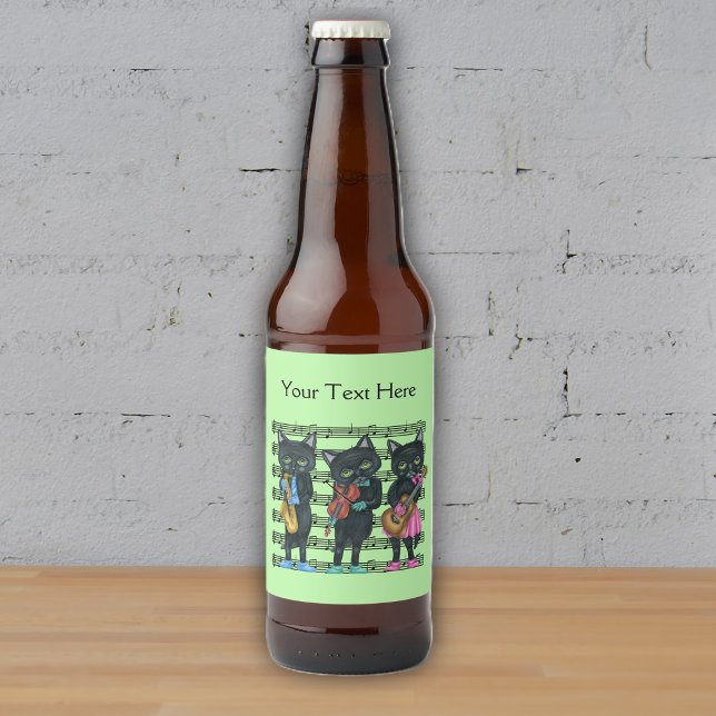 Étiquette Pour Bouteilles De Bière Partition de chats noirs de musique cool (Three cool cat musicians on sheet of black music notes on light green beer bottle personalised label)