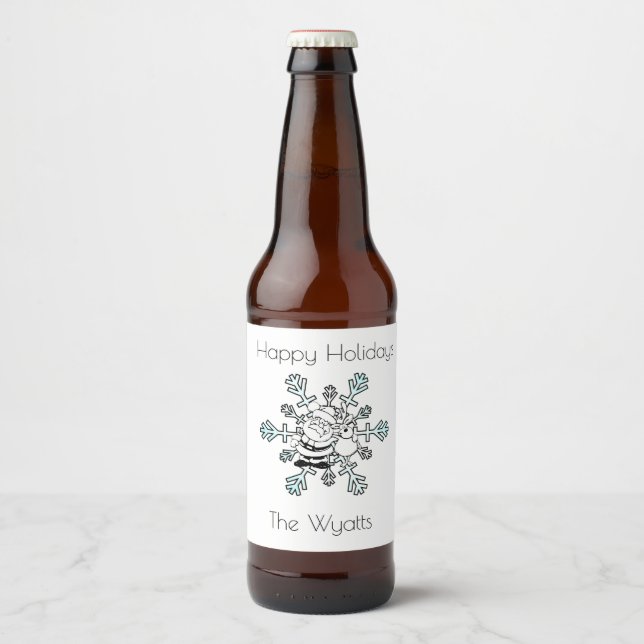 Étiquette Pour Bouteilles De Bière Père Noël et son flocon de neige préféré (Devant)
