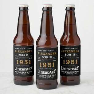 Étiquette Pour Bouteilles De Bière Personnalisé 70e anniversaire Né 1951 Noir Vintage