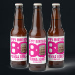 Étiquette Pour Bouteilles De Bière Pink 80th Birthday personnalisé nom photo étiquett<br><div class="desc">80e anniversaire hot rose et blanc photo fête papier bière ou vin étiquettes. Idéal pour ajouter une touche personnelle à une fête de quatre-vingts ans surprise. Customisez avec la photo de votre fille d'anniversaire dans le 0 de 80 et personnalisez avec votre choix de nom et date de célébration d'anniversaire....</div>