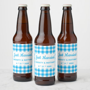Étiquette Pour Bouteilles De Bière Plaid de campagne à carreaux bleus Just Married Ma