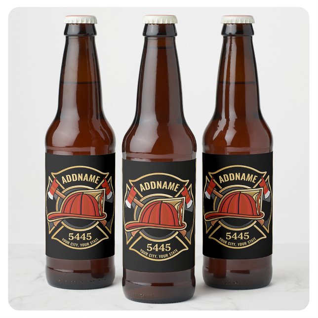Étiquette Pour Bouteilles De Bière Pompier AJOUTER LE NOM Insigne du service de pompi (Créateur téléchargé)