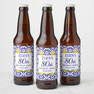 Étiquette Pour Bouteilles De Bière Portugais Carreaux Bleu 80e anniversaire Méditerra