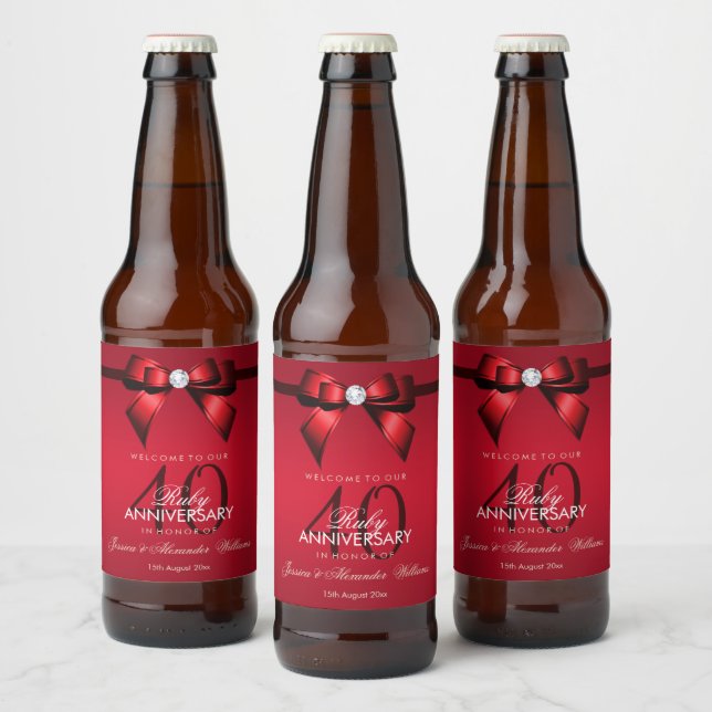 Étiquette Pour Bouteilles De Bière Posh Gem Bow & Ribbon 40e anniversaire de Mariage (Bouteilles)