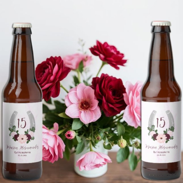 Étiquette Pour Bouteilles De Bière Quinceanera Floral Western Horseshoe (Créateur téléchargé)
