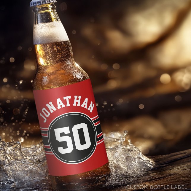 Étiquette Pour Bouteilles De Bière Red Black Team Jersey Fan Gear Nom Numéro (Custom Beer Bottle Label)