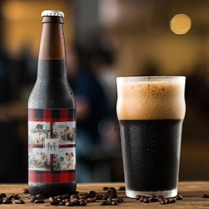 Étiquette Pour Bouteilles De Bière Red Buffalo Plaid & Collage Photo Avec Initiale