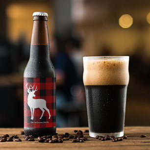 Étiquette Pour Bouteilles De Bière Red Buffalo Plaid & Deer   Nom personnel Cadeau