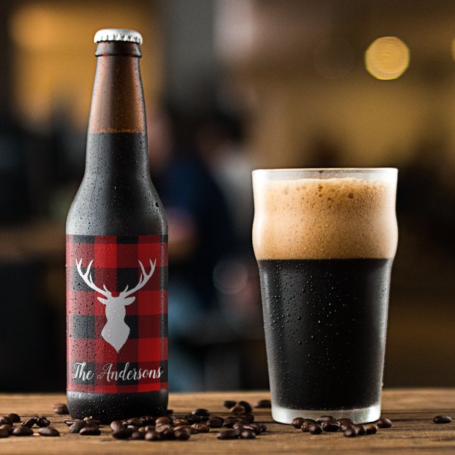 Étiquette Pour Bouteilles De Bière Red Buffalo Plaid & Deer | Nom personnel Cadeau (Créateur téléchargé)