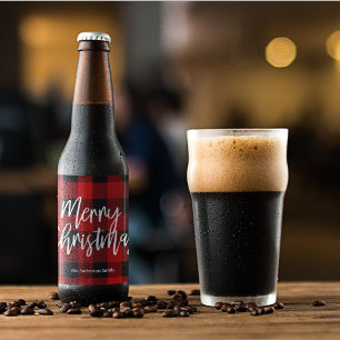 Étiquette Pour Bouteilles De Bière Red Buffalo Plaid & Joyeux Noël  Nom personnel