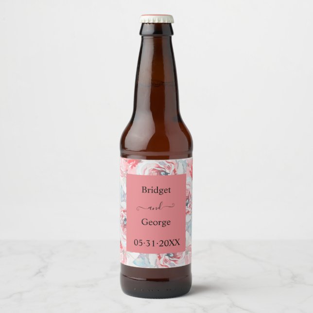 Étiquette Pour Bouteilles De Bière rose apricot fleuri apricot mariage (Devant)