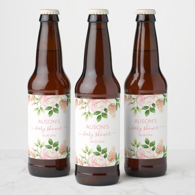 Étiquette Pour Bouteilles De Bière Rose rose élégant Baby shower floral fille (Bouteilles)