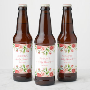 Étiquette Pour Bouteilles De Bière Rose Rose Floral Vert Fille Baby shower