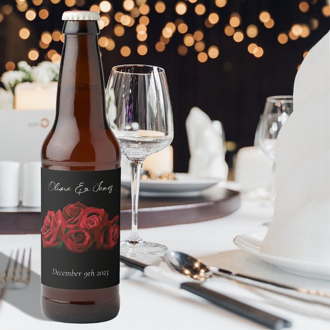 Étiquette Pour Bouteilles De Bière Roses rouges Mariage noir blanc (Créateur téléchargé)
