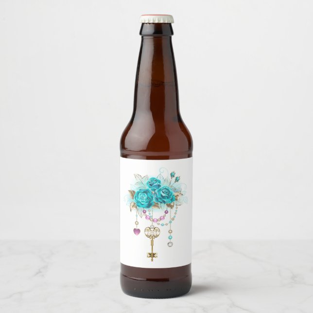 Étiquette Pour Bouteilles De Bière Roses turquoise avec touches (Devant)