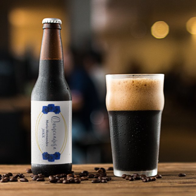 Étiquette Pour Bouteilles De Bière Royal Blue et Gold Geometry Quinceañera (Créateur téléchargé)
