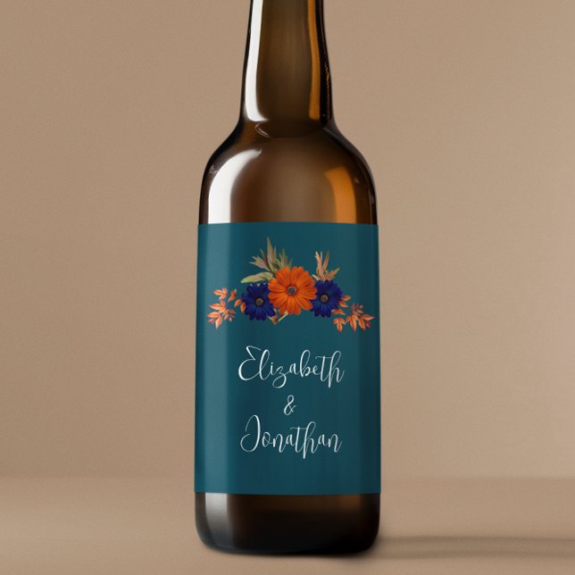 Étiquette Pour Bouteilles De Bière Rustique Automne Orange Navy Bleu Floral Mariage (Créateur téléchargé)