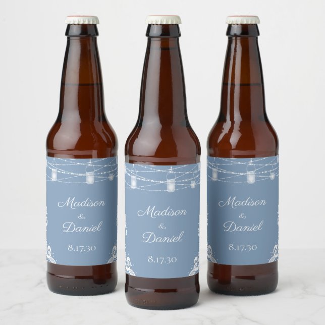 Étiquette Pour Bouteilles De Bière Rustique Dusty Blue Lumières Mariage Bière Étiquet (Bouteilles)