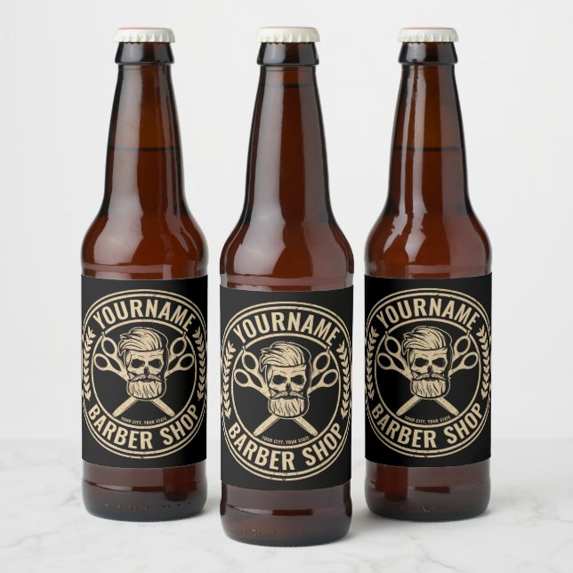 Étiquette Pour Bouteilles De Bière Salon de barbier personnalisé Skull Rockabilly   (Bouteilles)