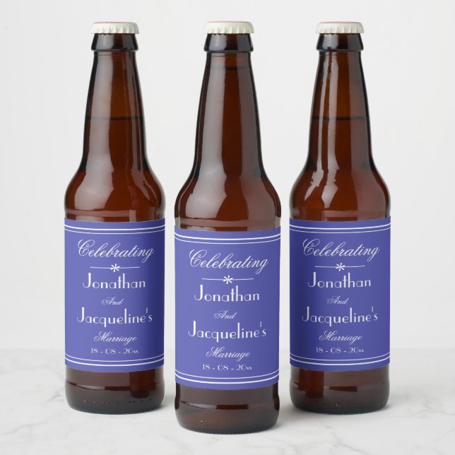 Étiquette Pour Bouteilles De Bière Script Chic Belle Réception de mariage bleu (Bouteilles)