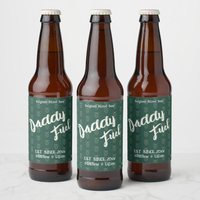 Étiquette Pour Bouteilles De Bière Script rustique "Daddy Fuel" motif vert hop (Bouteilles)