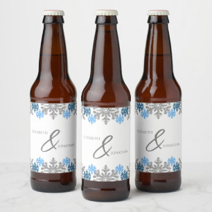Étiquette Pour Bouteilles De Bière Silver Blue Snowflakes Mariage d'hiver