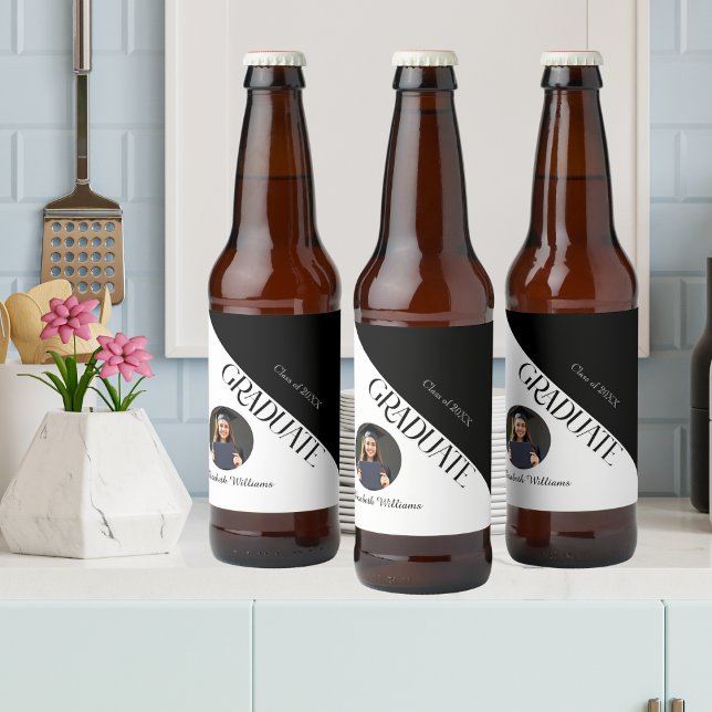 Étiquette Pour Bouteilles De Bière Simple Graduation noir et blanc (Créateur téléchargé)